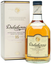 Load image into Gallery viewer, An image of a bottle of Dalwhinnie 15 year old Highland Single Malt Scotch whisky next to its fine gift box