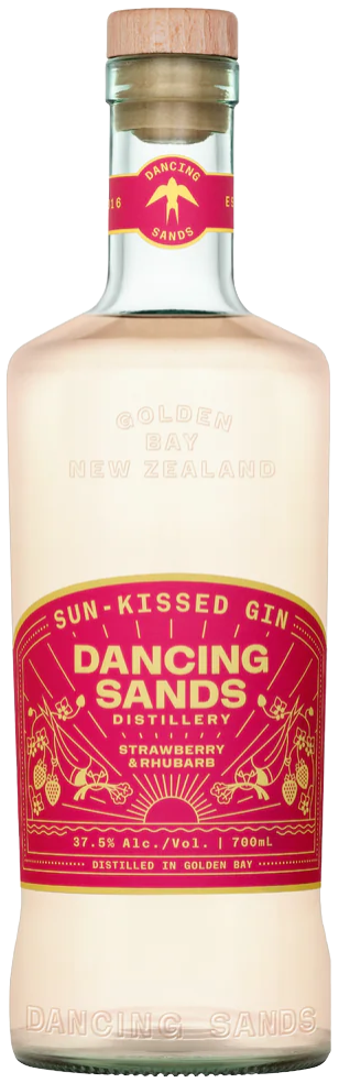 Bottle of Dancing Sands Sun-Kissed Gin with a red label on a clear background