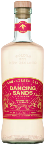 Bottle of Dancing Sands Sun-Kissed Gin with a red label on a clear background