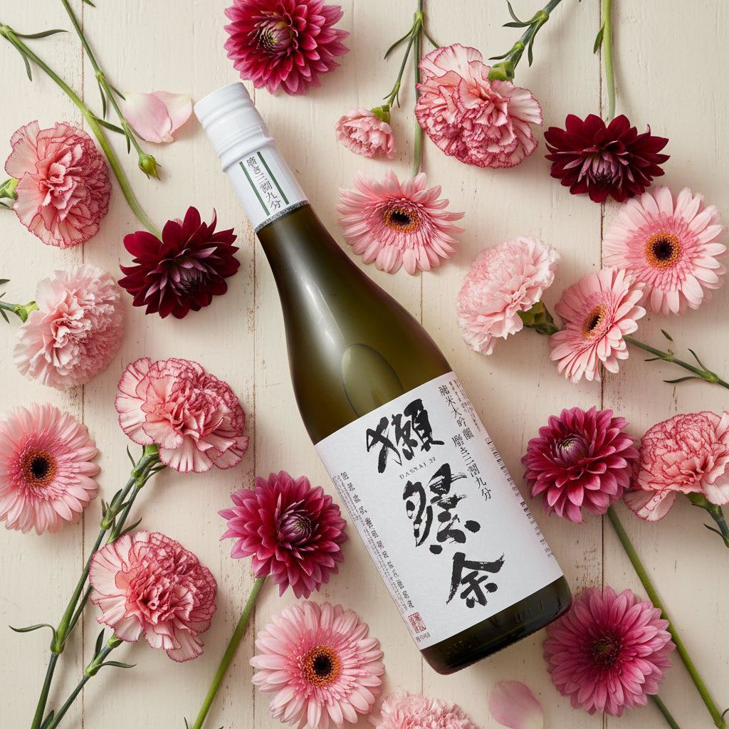 Load image into Gallery viewer, Bottle of Japanese sake surrounded by pink and red flowers on a wooden surface