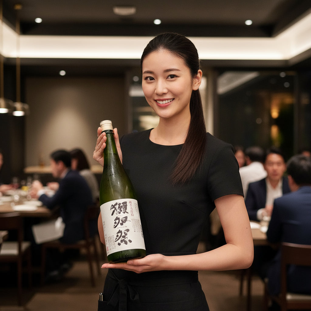 Load image into Gallery viewer, Woman holding a bottle of sake in a restaurant setting