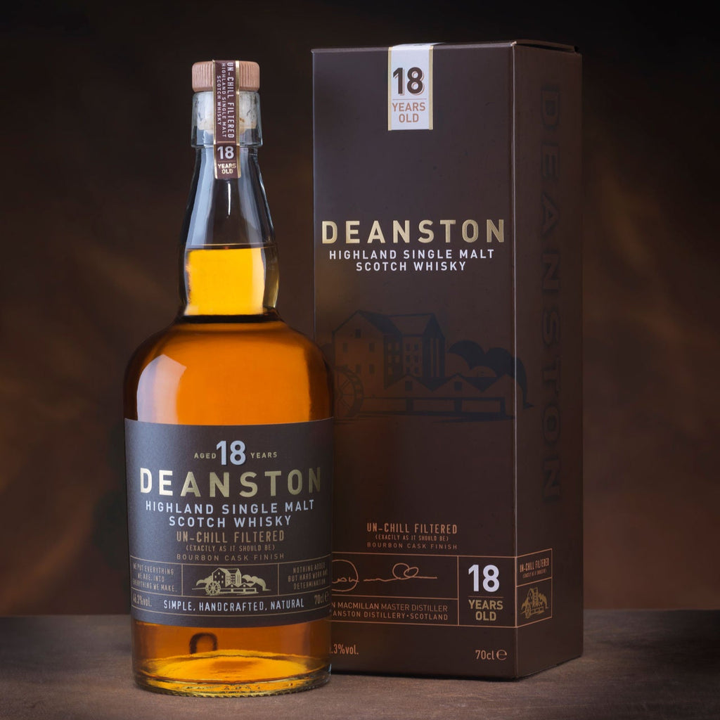 Deanston 18-year-old whisky bottle and box on a dark background