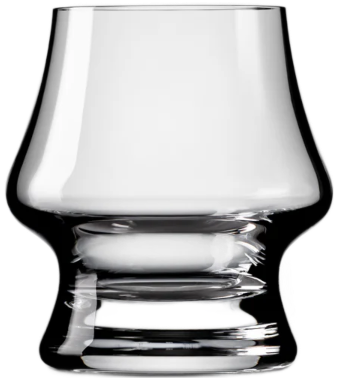 A clear Denver and Liely Bourbon Glass crystal bourbon glass with a rounded base and a straight stem.