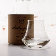 Load image into Gallery viewer, Clear Denver and Liely whisky glass with a brown cardboard box labeled &#39;whisky glass&#39; on a light background