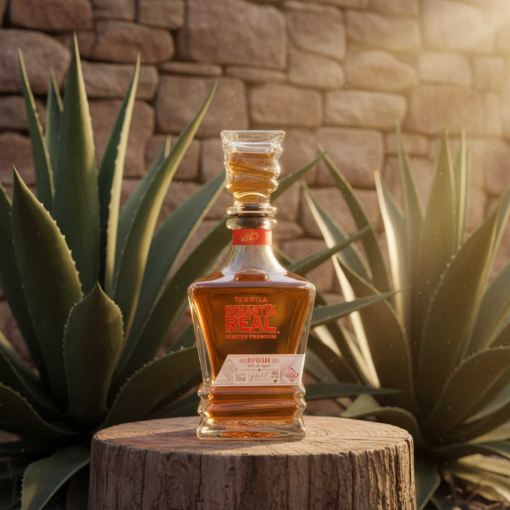 Load image into Gallery viewer, A bottle of Dinastia Real Master Premium Reposado Tequila on a log with agave plants behnd