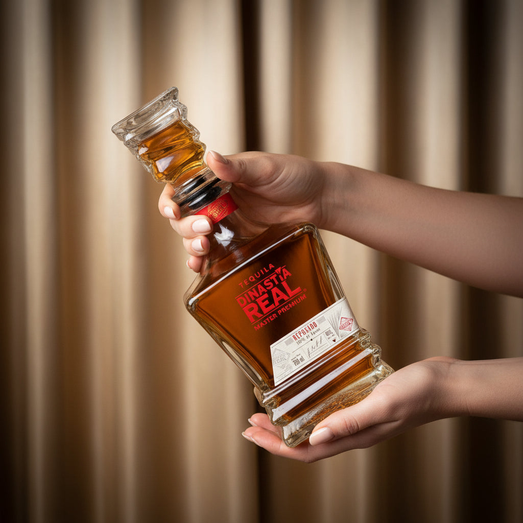 Load image into Gallery viewer, Person holding a bottle of Dinastia Real Master Premium Reposado Tequila  against a neutral background
