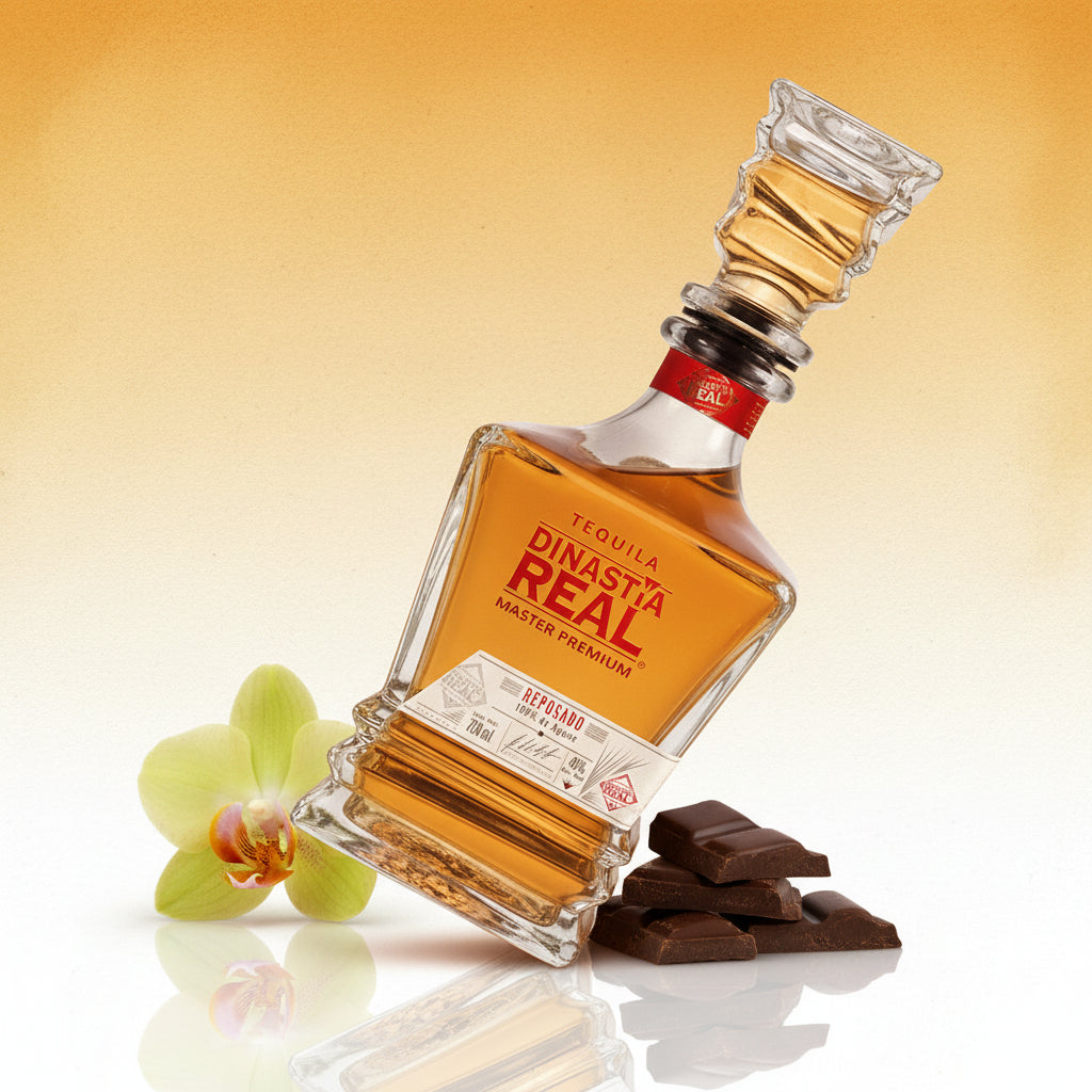 Load image into Gallery viewer, Dinastia Real Master Premium Reposado Tequila  bottle with chocolate and a flower on a gradient background
