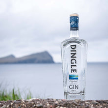 Load image into Gallery viewer, Dingle gin bottle on a rocky surface with a scenic background