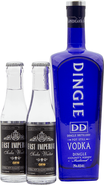 An image of a smooth Irish Vodka that is accompanied by two 150ml bottles of East Imperial Soda Waters