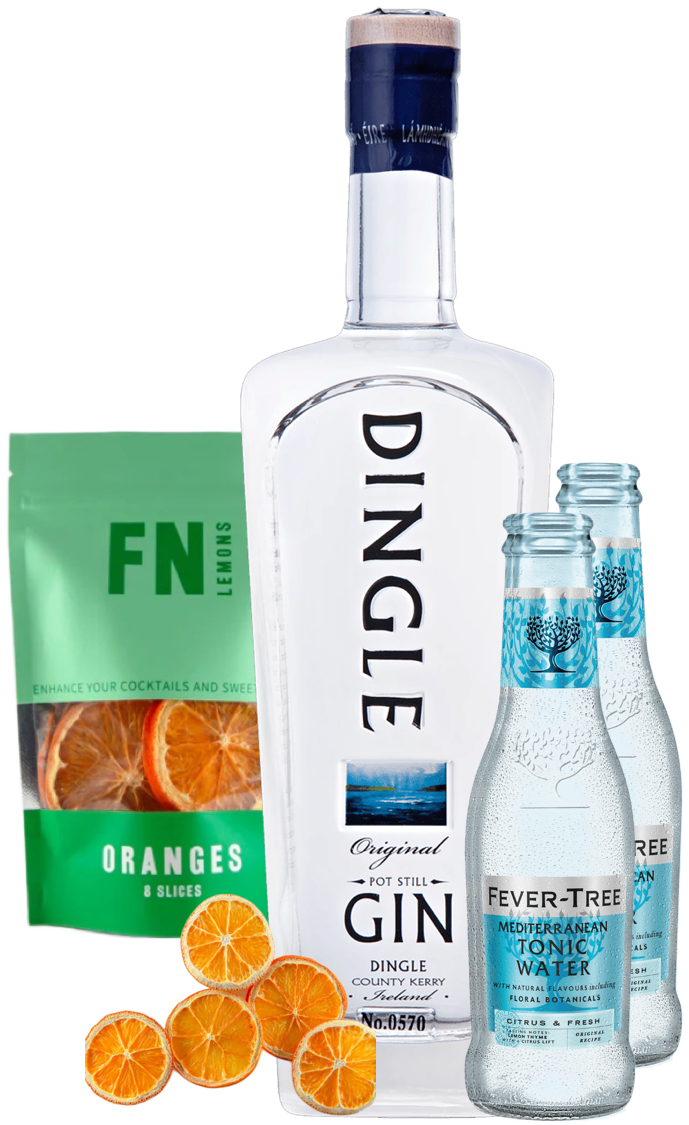 Bottle of Dingle gin with a pouch of FN Oranges and two bottles of Fever-Tree Mediterranean tonic water on a white background.