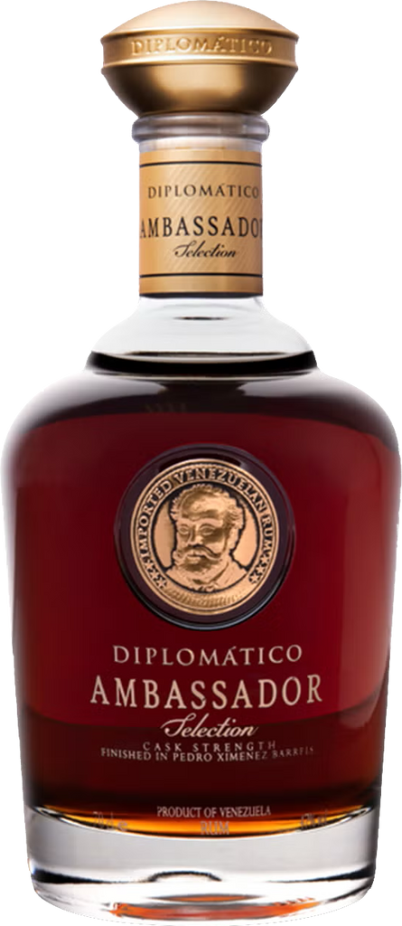 Bottle of Diplomatico Ambassador Selection Rum with a gold cap and label.