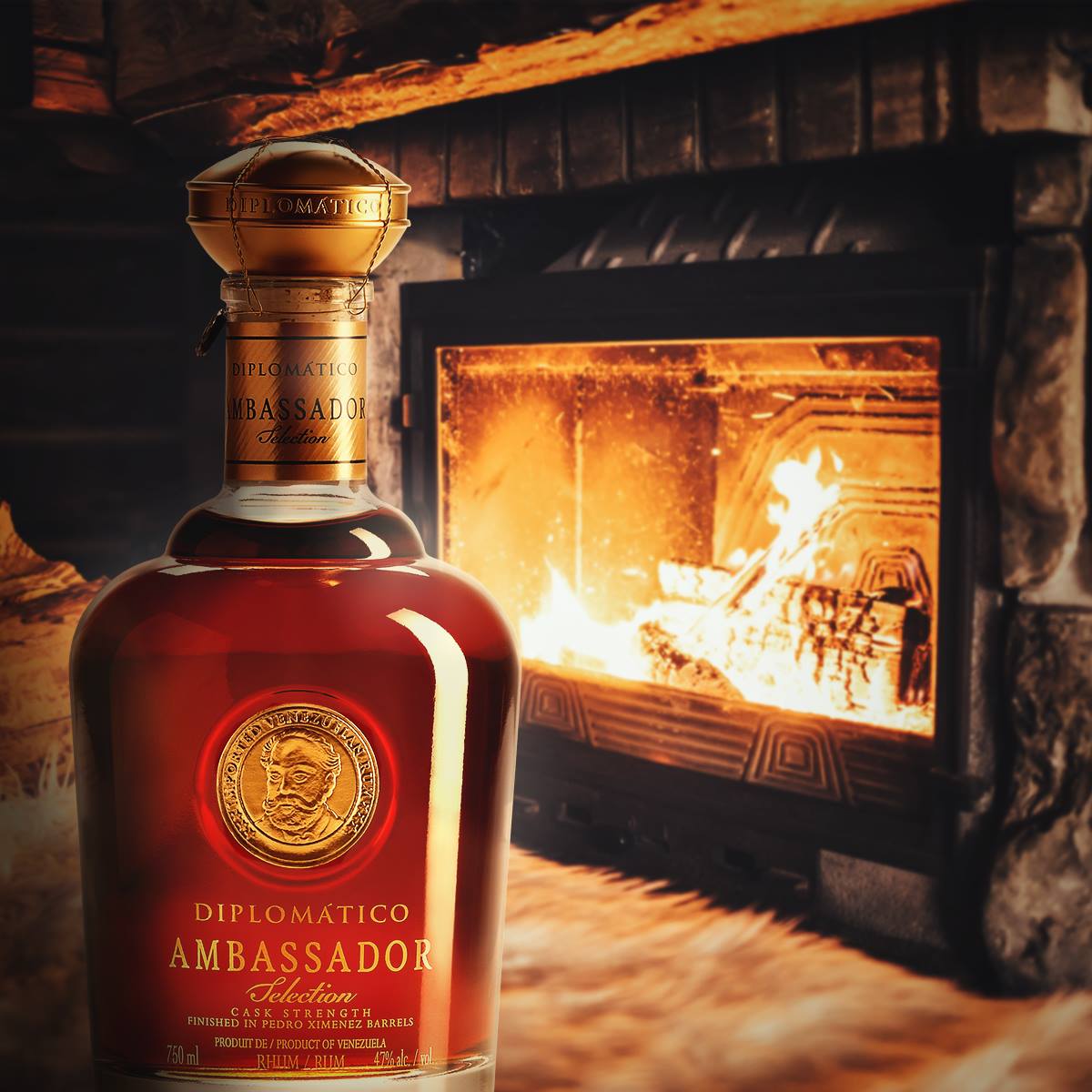 Load image into Gallery viewer, Bottle of Diplomatico Ambassador Selection Rum in front of a fireplace