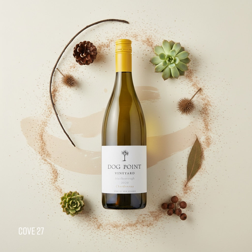 Load image into Gallery viewer, Dog Point Vineyard Chardonnay wine bottle with decorative elements on a light background