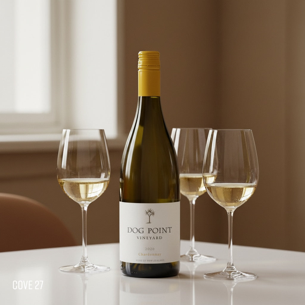 Load image into Gallery viewer, Bottle of Dog Point Vineyard chardonnay wine with three glasses on a table.