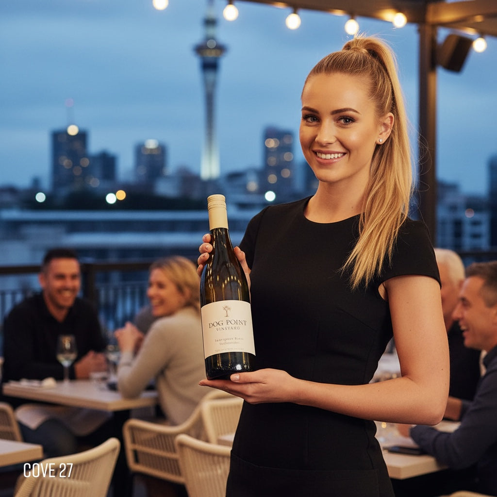 Load image into Gallery viewer, Woman holding a bottle of Dog Point Sauvignon Blanc wine with a Auckland cityscape in the background with the Sky Tower visible