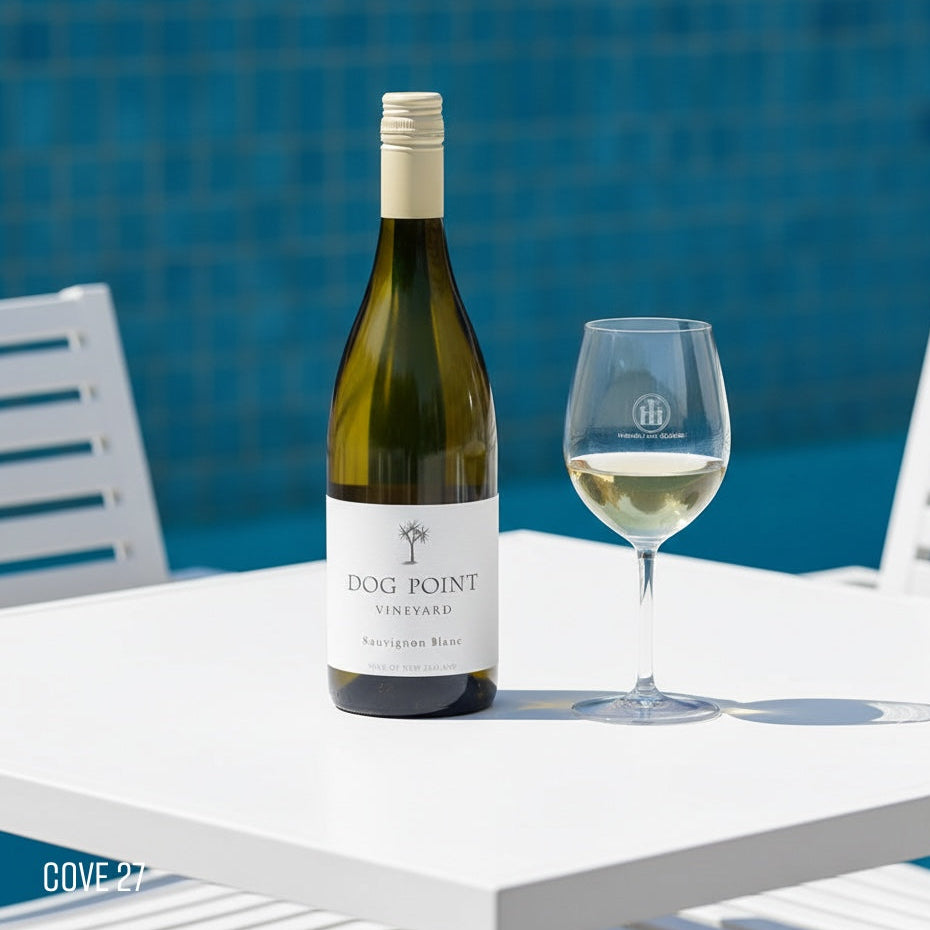 Load image into Gallery viewer, Dog Point Sauvignon Blanc wine bottle and glass on a table with a pool in the background