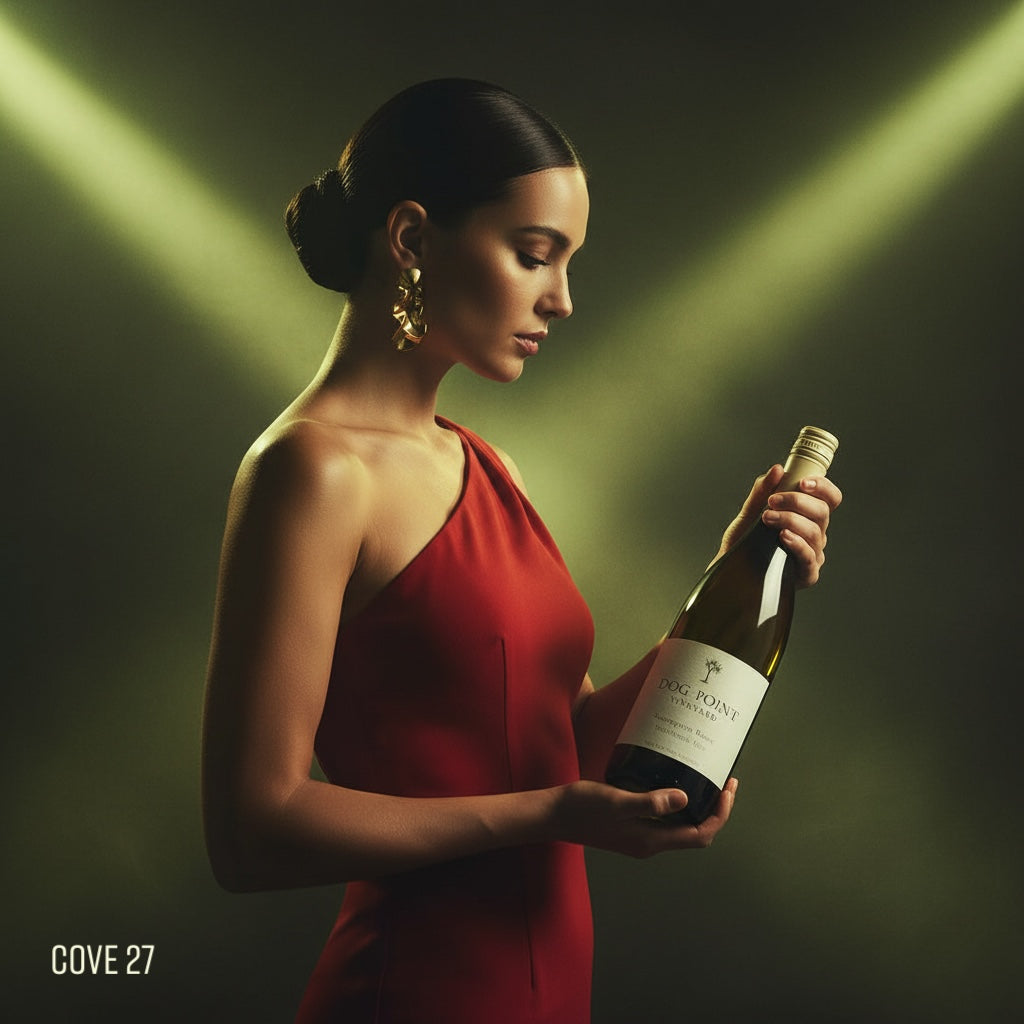 Load image into Gallery viewer, Woman in a red dress holding a Dog Point Sauvignon Blanc wine bottle with a dark background