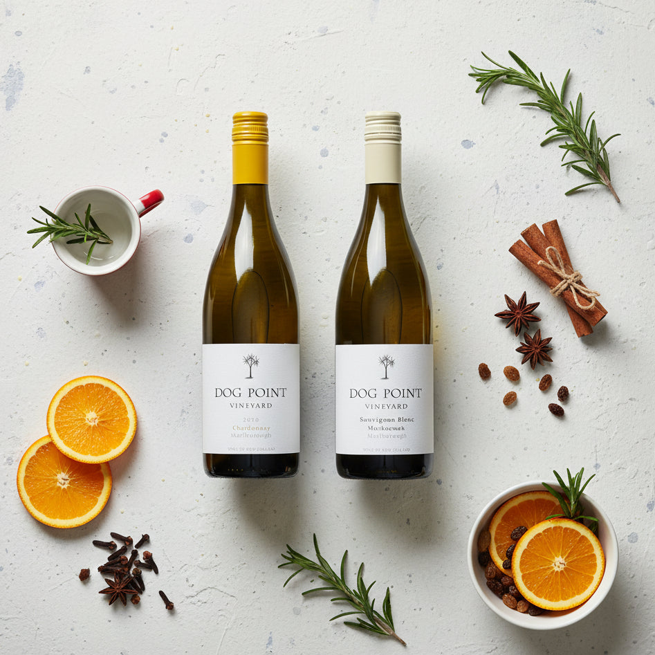 Load image into Gallery viewer, Two bottles of Dog Point Vineyard white wine on a light gray surface with oranges and herbs.