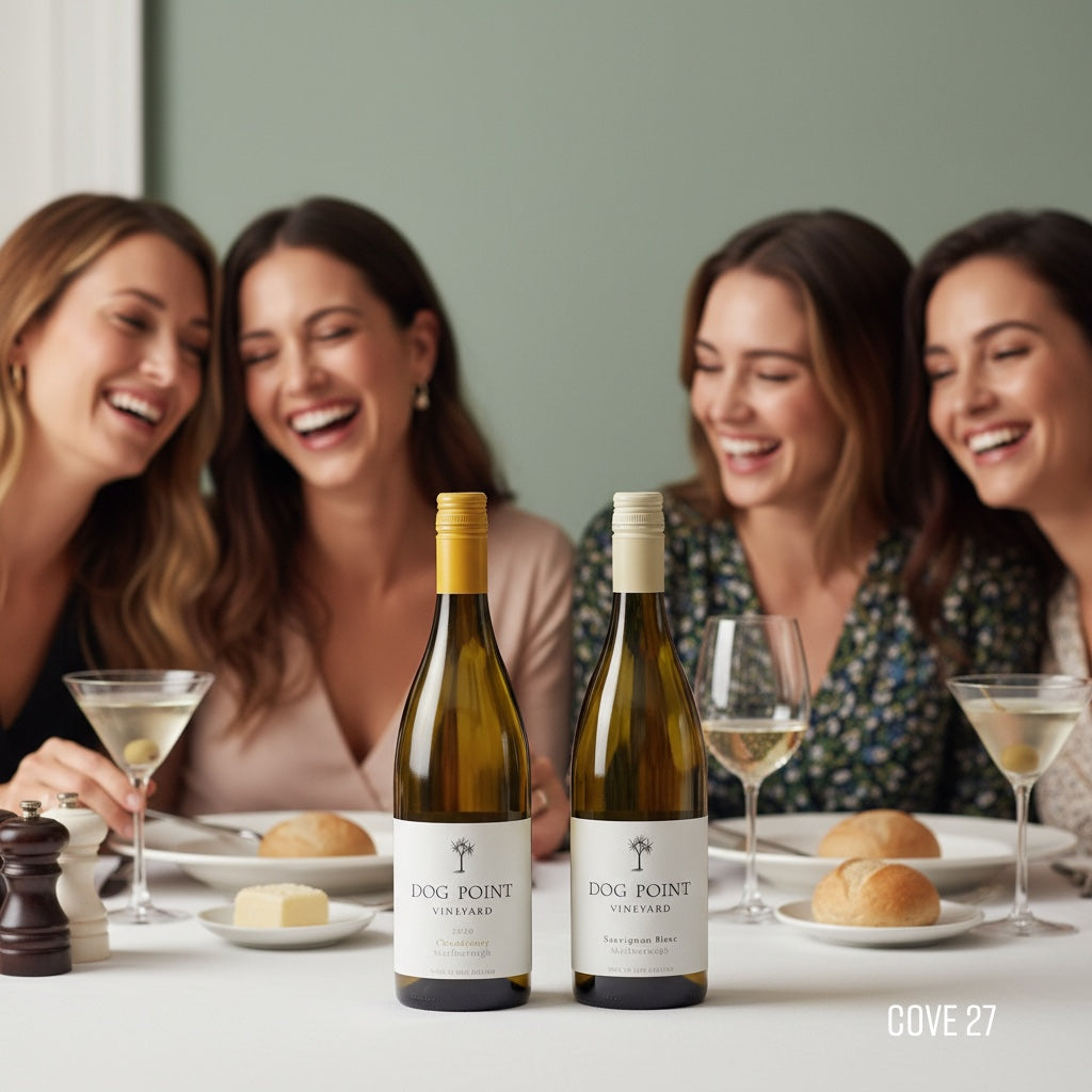 Load image into Gallery viewer, Four women laughing together at a dinner table with two bottles of Dog Point Vineyard white wine.