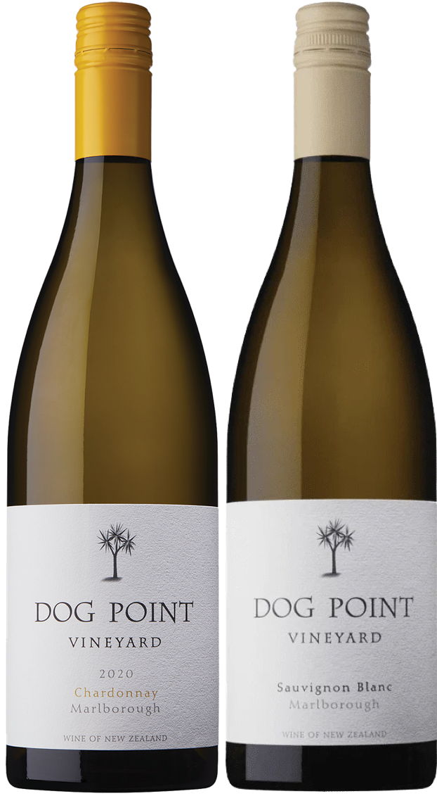 Load image into Gallery viewer, Two bottles of Dog Point Vineyard white wine on a white background