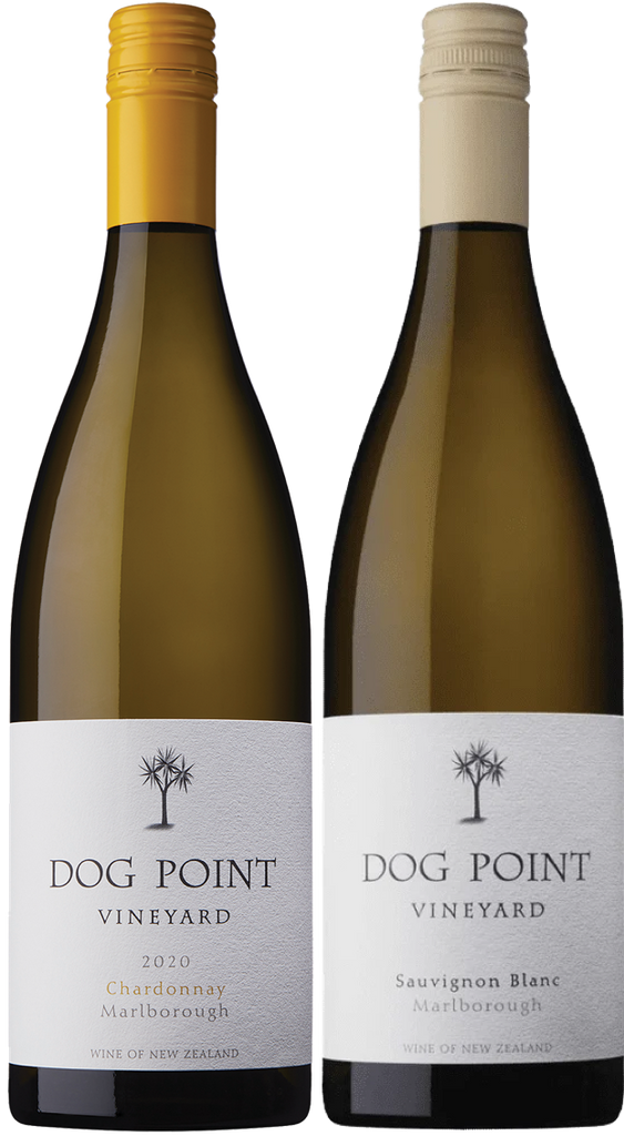 Two bottles of Dog Point Vineyard white wine on a white background
