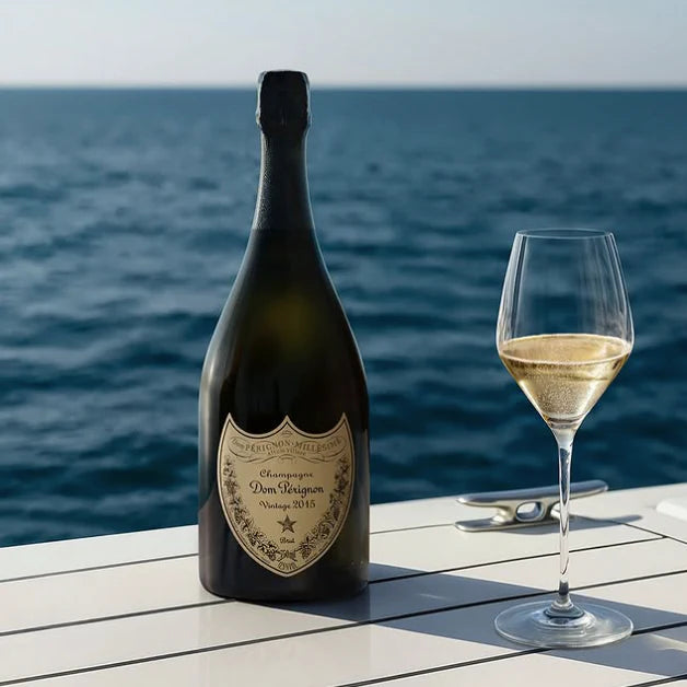 Load image into Gallery viewer, Dom Perignon champagne bottle and glass on a wooden deck with ocean view