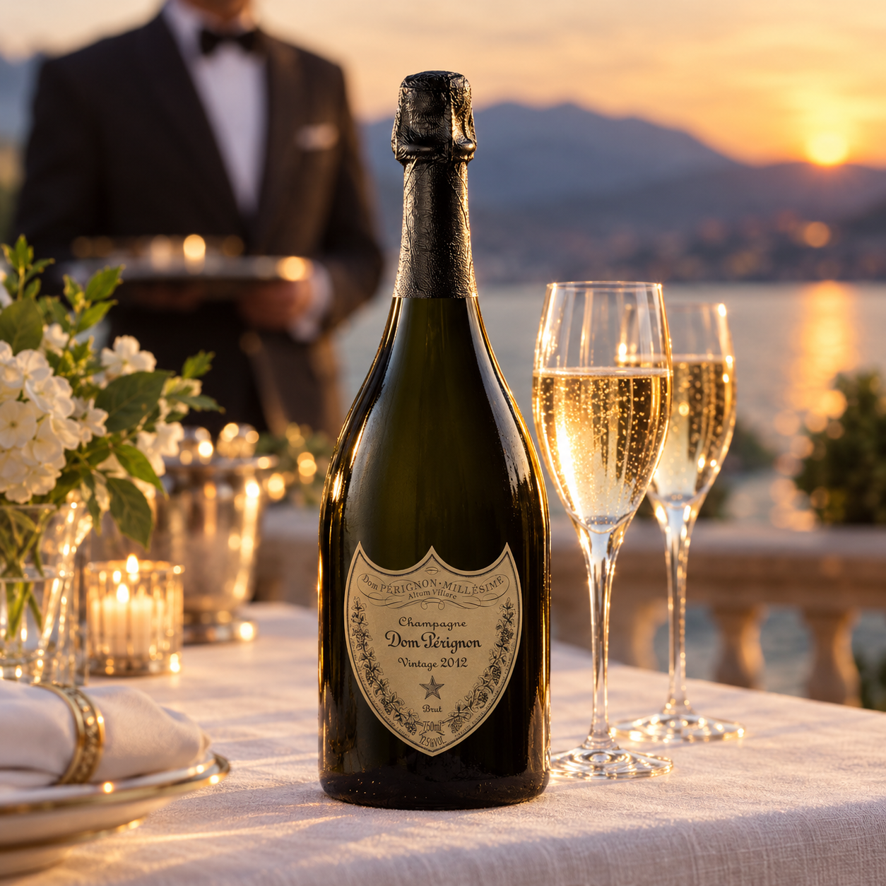 Load image into Gallery viewer, A bottle of Dom Pérignon Vintage 2012 Champagne sits on a table beside two filled champagne flutes, with a blurred waiter and waterfront sunset in the background.