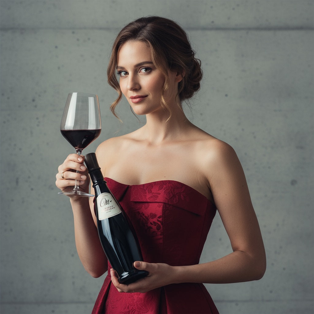 Woman in a red dress holding a bottle of Domaines Ott Chateau Romassan Bandol Rouge red wine and glass of red wine against a gray background