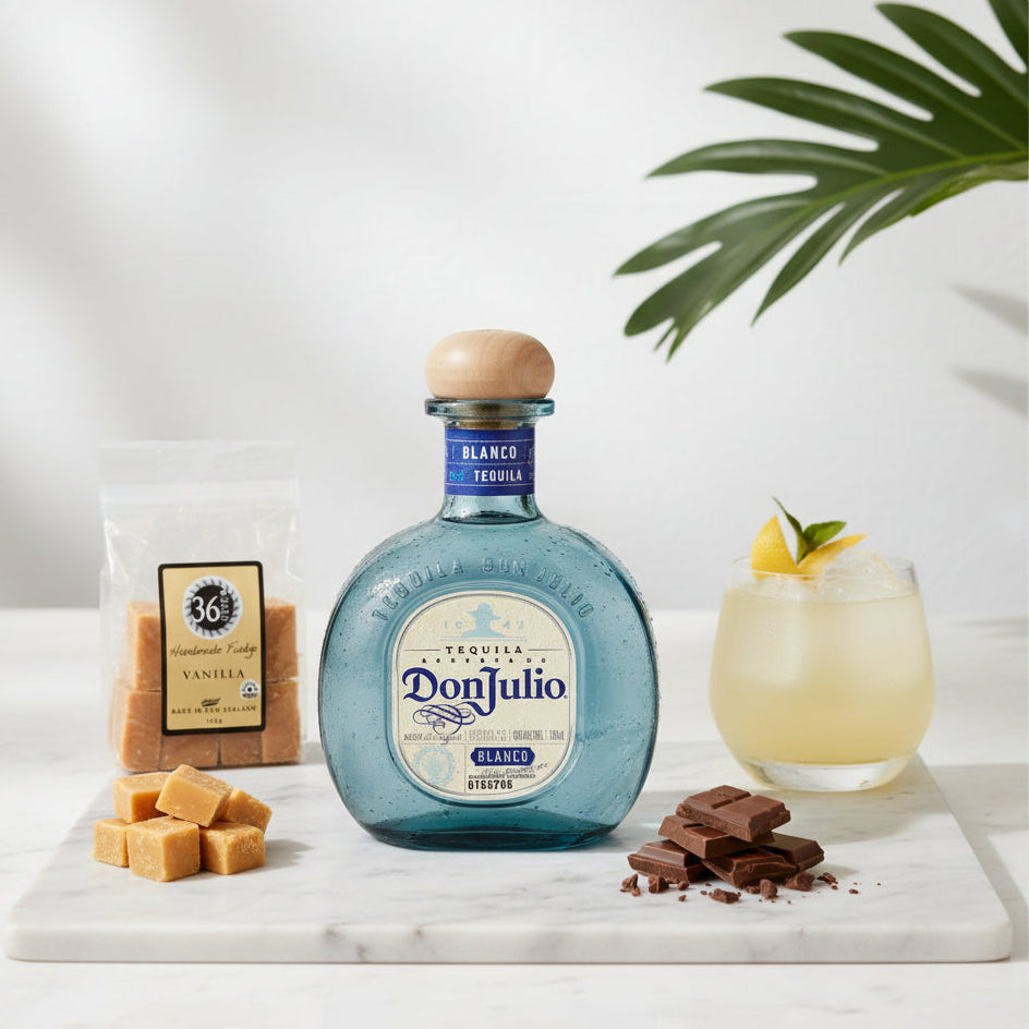 Load image into Gallery viewer, Don Julio blanco tequila bottle with a cocktail and snacks on a marble surface