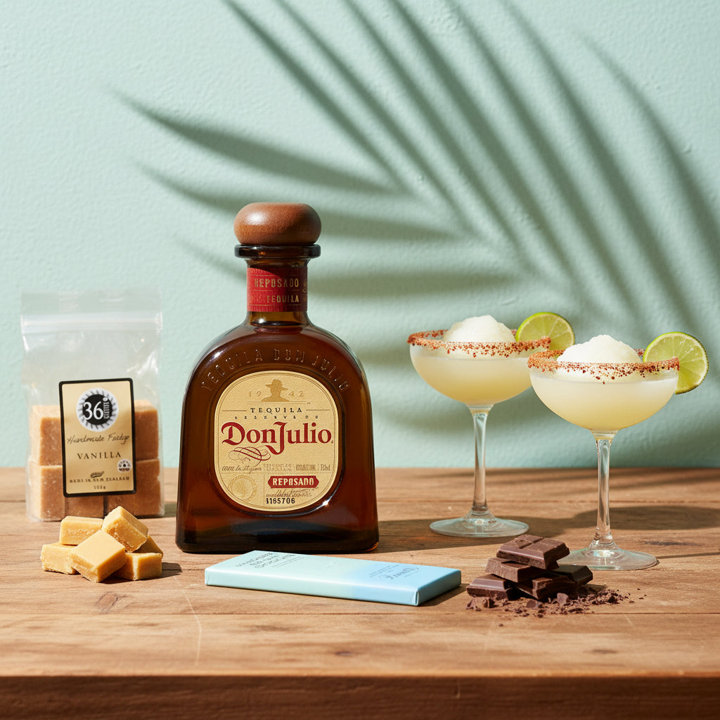 Load image into Gallery viewer, A bottle of Don Julio reposado tequila is arranged on a wooden table with two margarita glasses, lime wheels, Bennetts chocolate pieces, and a bag of 36 Degrees vanilla fudge against a mint green wall with palm leaf shadows.