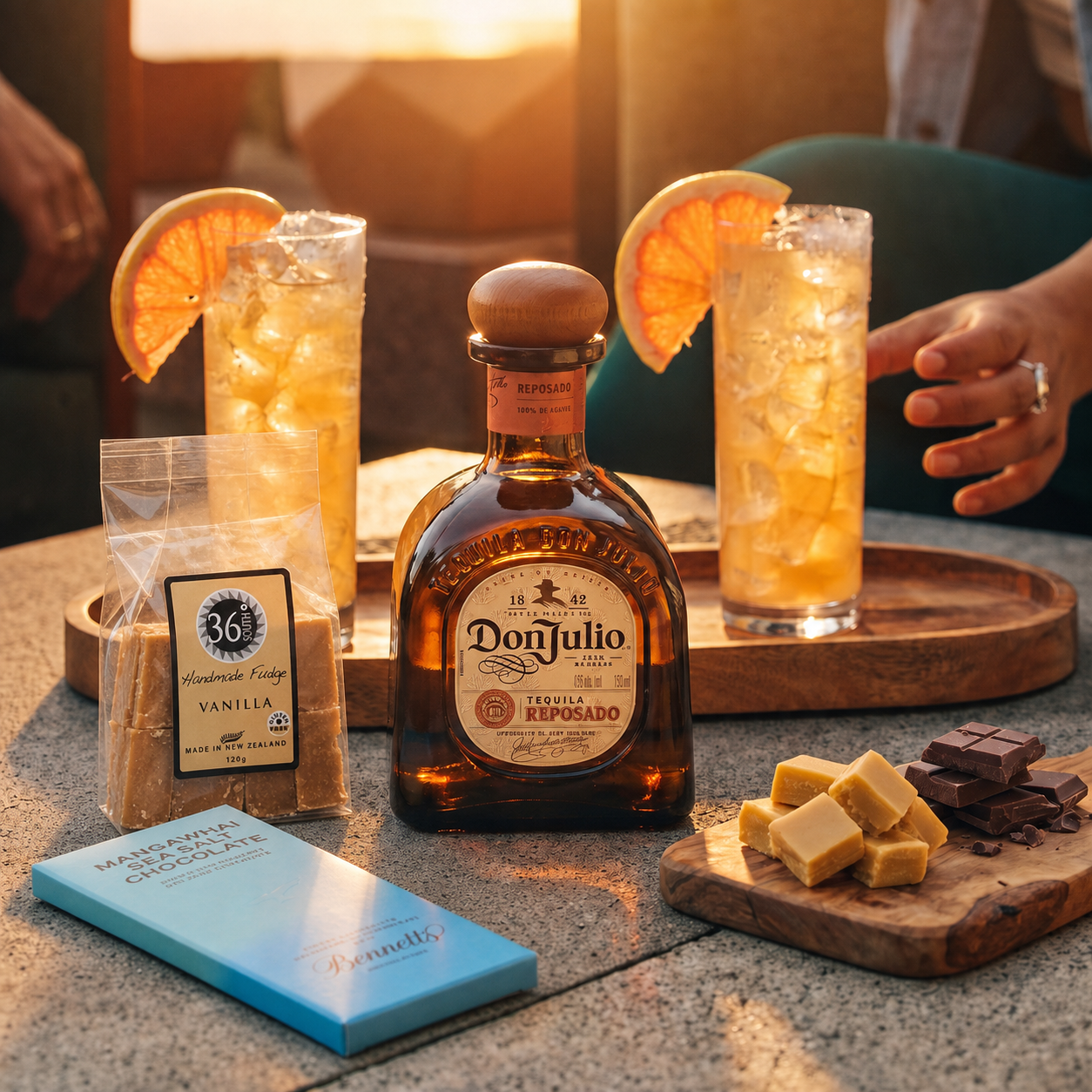 Load image into Gallery viewer, A bottle of Don Julio Reposado tequila is centred on a table with two tall glasses of orange cocktails, garnished with orange slices, alongside a bag of 36 Degrees vanilla fudge, a Bennetts chocolate bar, and chopped dark chocolate. A person's hand and torso are visible in the warm sunset lighting, and the scene is set in a real environment.