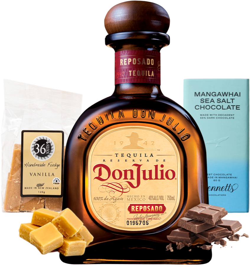 Load image into Gallery viewer, A bottle of Don Julio Reposado Tequila centered on a white background, surrounded by gift items including a bag of handmade 36 Degrees vanilla fudge, several vanilla fudge pieces, a box of Bennetts Mangawhai Sea Salt Chocolate, and chocolate pieces.