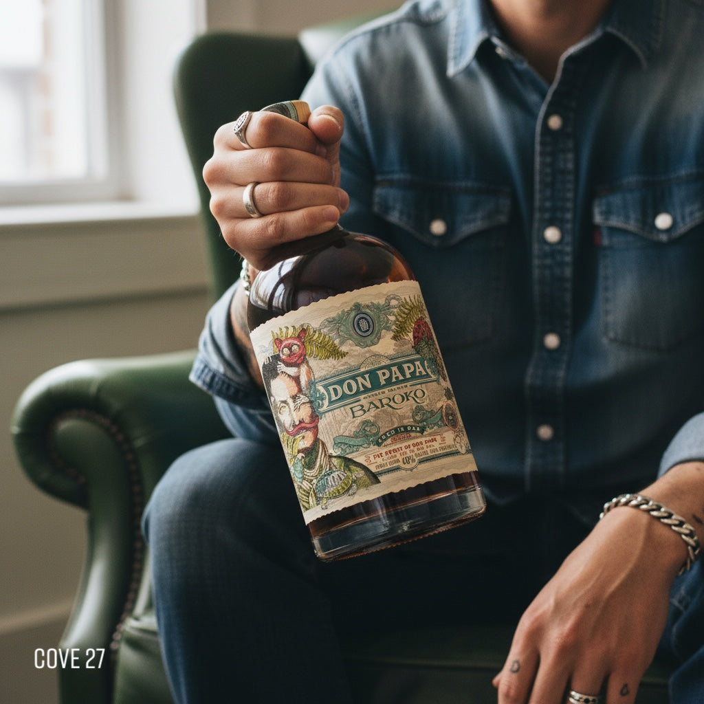 Load image into Gallery viewer, A man holding a bottle of Don Papa Baroko rum in a room with a green chair.
