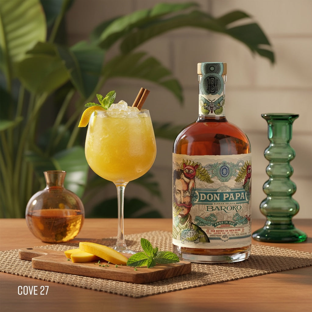 Load image into Gallery viewer, Bottle of Don Papa Baroko rum with a cocktail on a wooden table.