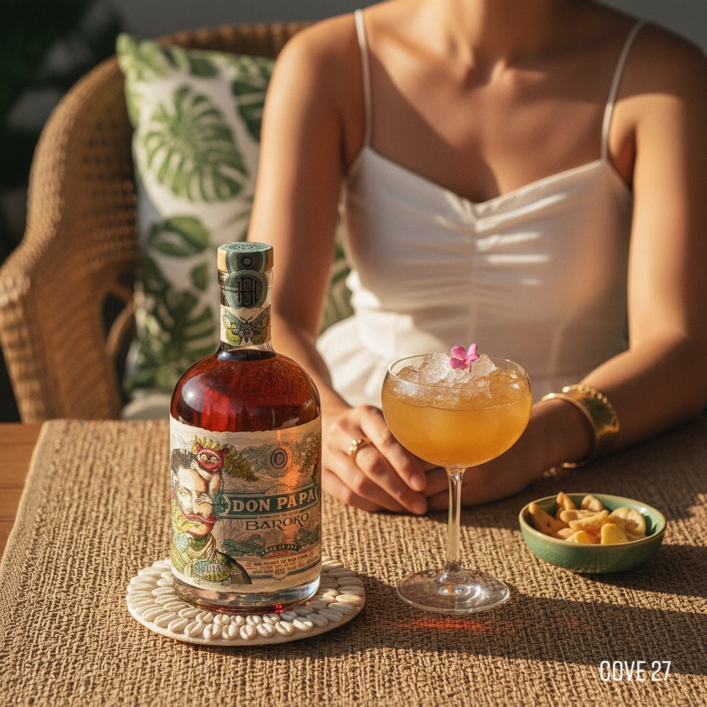 Load image into Gallery viewer, A woman with a yellow cocktail with a bottle of Don Papa Baroko Rum on a table.