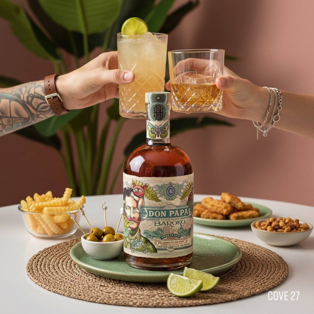Load image into Gallery viewer, Two people toasting with cocktails around a bottle of Don Papa Baroko rum on a table with snacks.