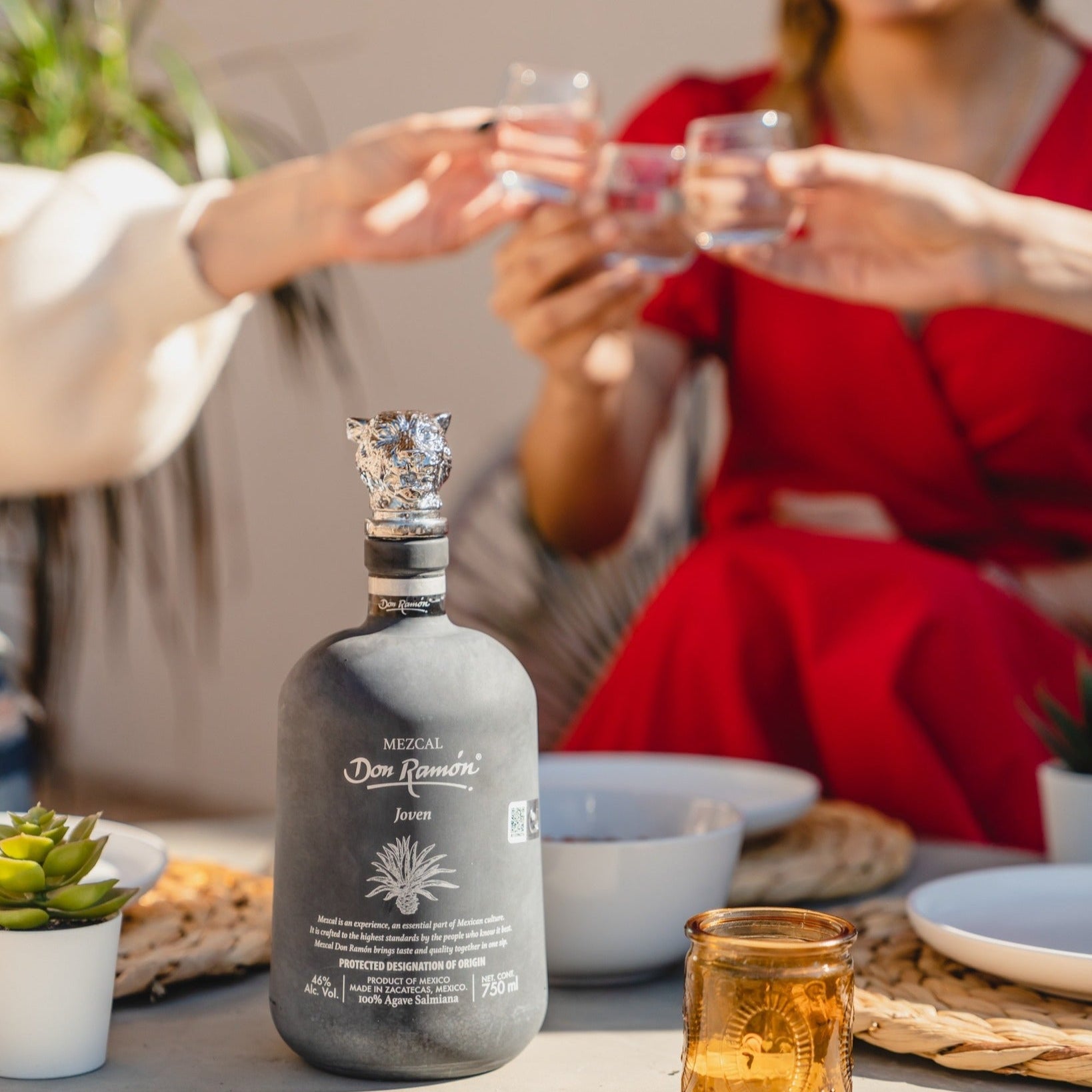 Load image into Gallery viewer, Bottle of Don Ramon Mezcal Salmiana  on a table with people in the background