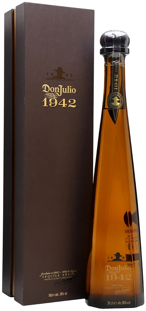 An image of a stunning bottle of Don Julio 1942 Añejo Tequila beside its beautiful gift box, one of the Best Ultra-Premium Tequilas in the world