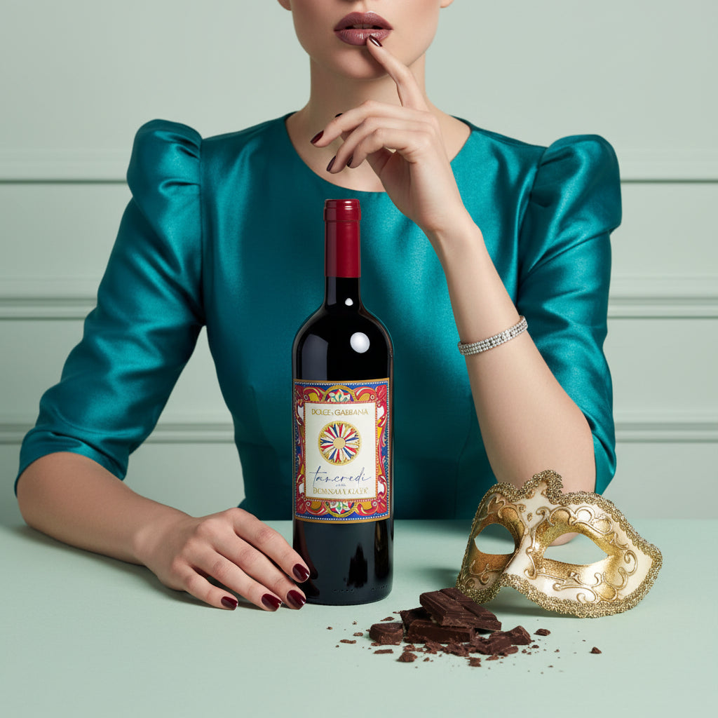 Load image into Gallery viewer, Woman in teal dress with a Donnafugata Tancredi Dolce Gabbana red wine bottle, gold mask, and chocolate on a light background