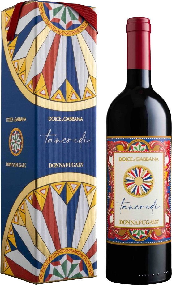 Load image into Gallery viewer, Donnafugata Tancredi Dolce Gabbana red wine bottle and gift box packaging on a white background