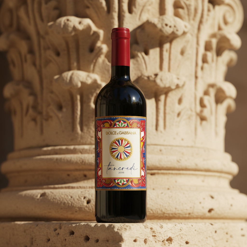 Load image into Gallery viewer, Bottle of Donnafugata Tancredi Dolce Gabbana red wine against an Italian stone architectural background