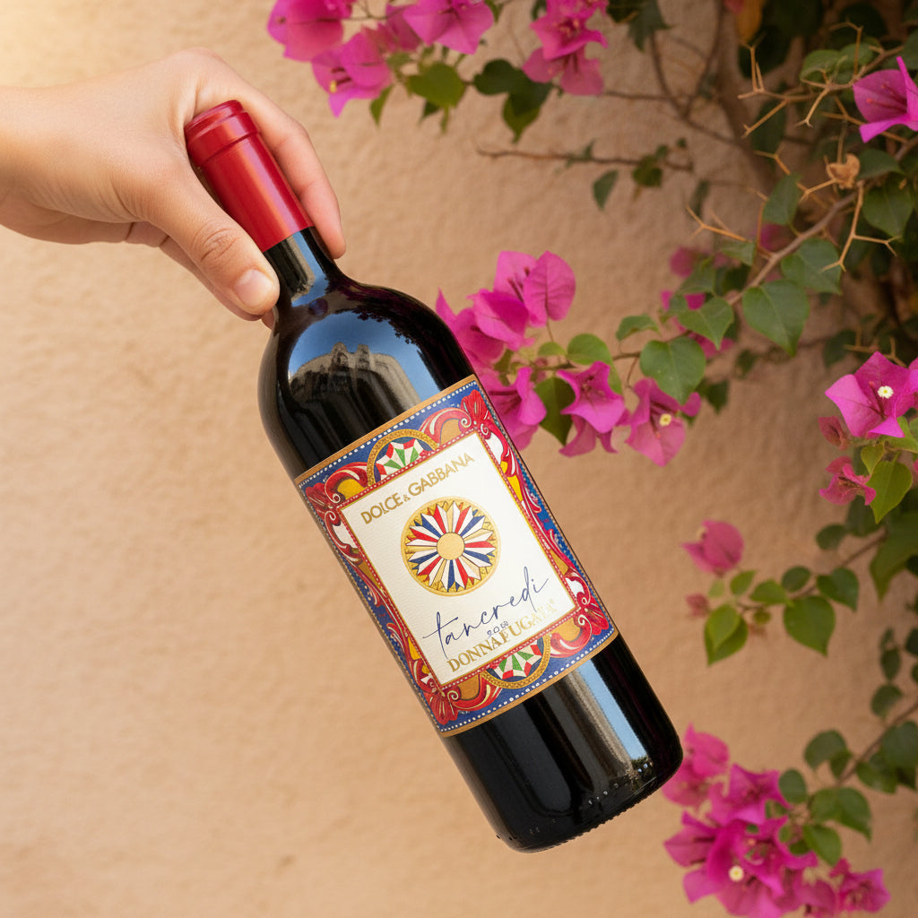 Load image into Gallery viewer, Bottle of Donnafugata Tancredi Dolce Gabbana red wine with a colourful label held by a hand, against a floral background.