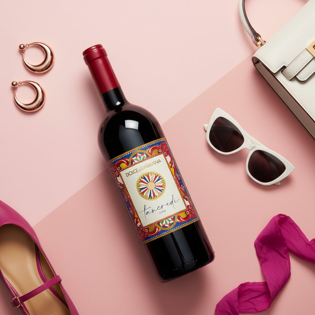 Load image into Gallery viewer, Bottle of Donnafugata Tancredi Dolce Gabbana red wine, sunglasses, pink shoes, and handbag on a pink background