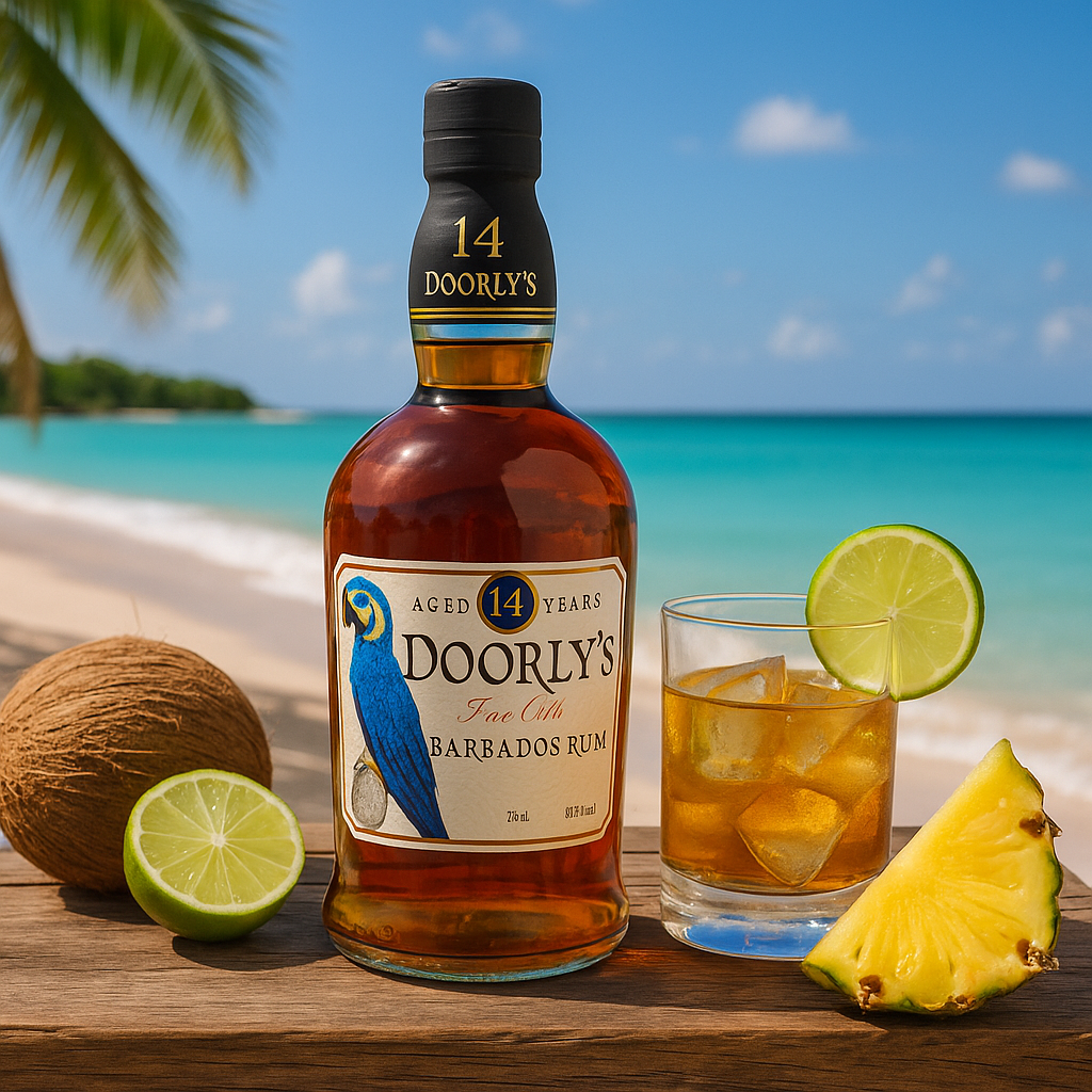 Load image into Gallery viewer, Doory's 14 YEAR OLD Barbados Rum bottle with a cocktail and tropical fruits on a beach setting