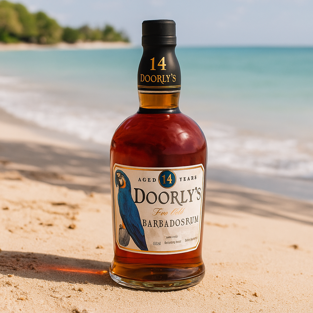Doorly's 14-year-old Barbados rum bottle on a beach with ocean and sky in the background