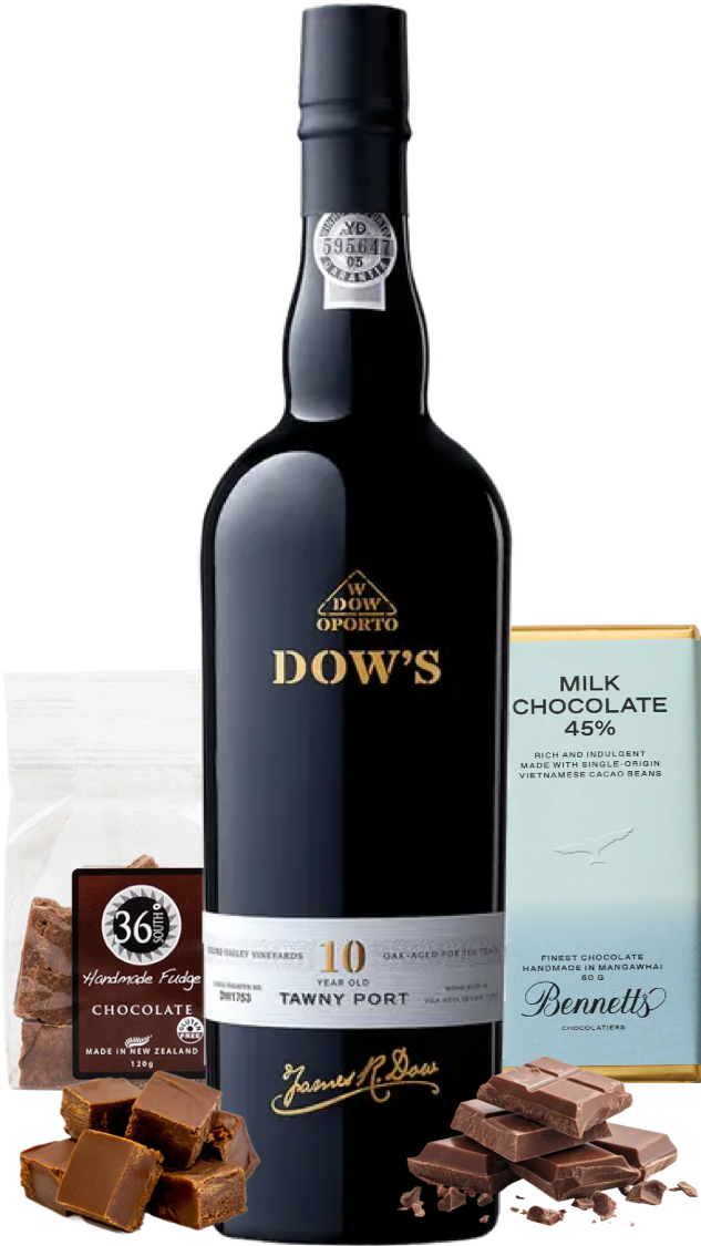 Load image into Gallery viewer, Bottle of Dow's 10 Year Old Tawny Port with chocolate and a box of milk chocolate on a white background