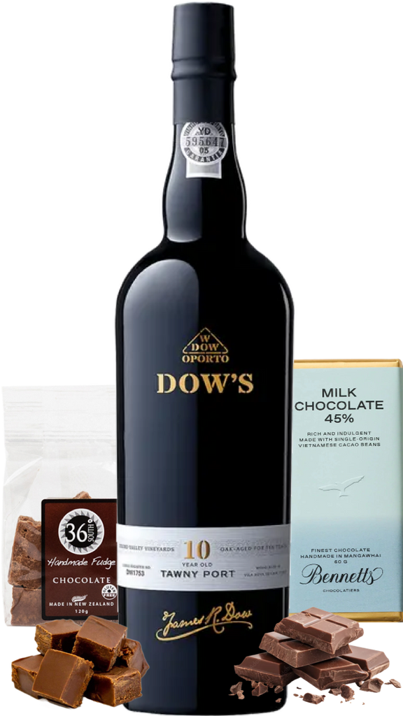 Bottle of Dow's 10 Year Old Tawny Port with chocolate and a box of milk chocolate on a white background