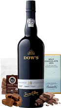 Load image into Gallery viewer, Bottle of Dow's 10 Year Old Tawny Port with chocolate and a box of milk chocolate on a white background