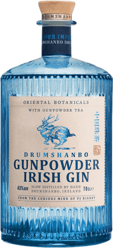 An image of a bottle of Drumshanbo Gunpowder Irish Gin. Beautiful blue bottle that standout from the rest.