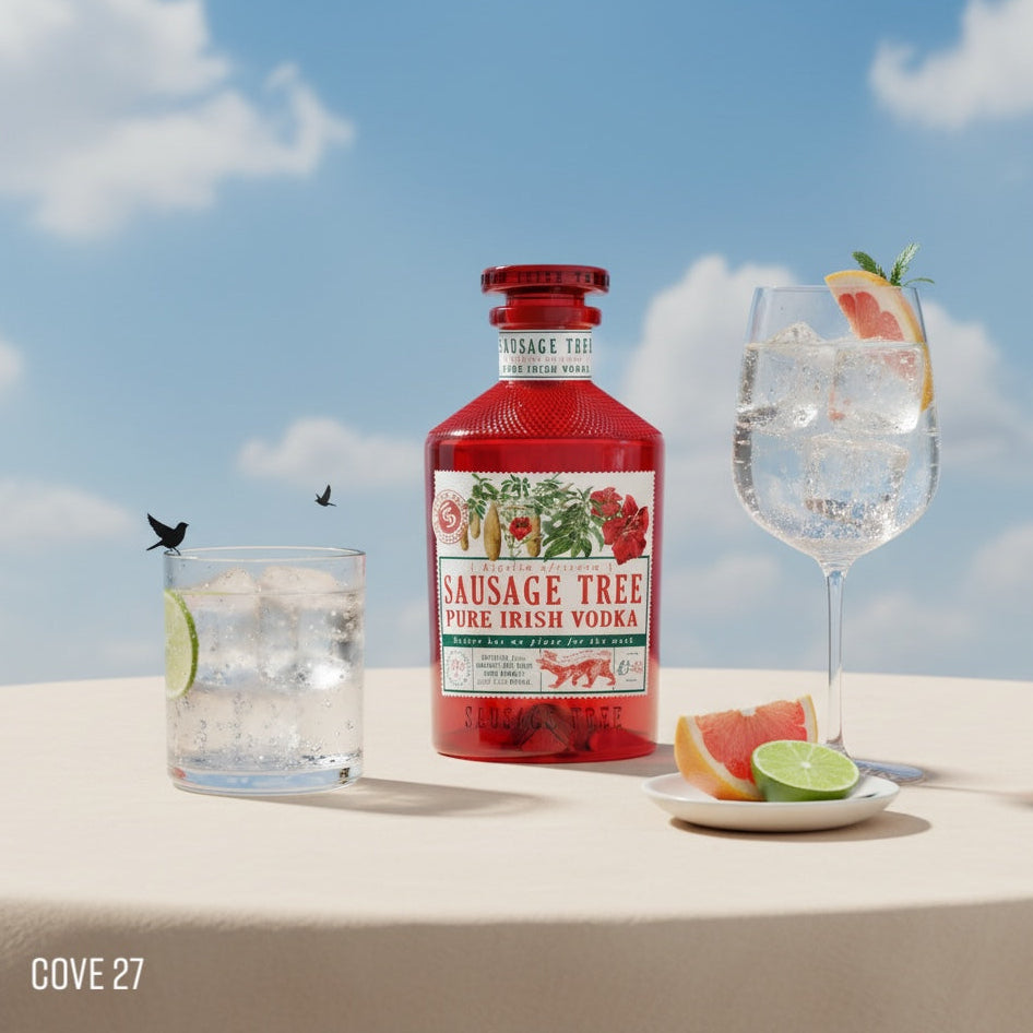 Load image into Gallery viewer, Sausage Tree vodka bottle with a cocktail and fruit on a table outdoors.